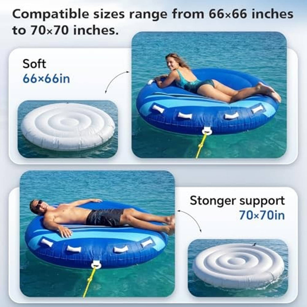 Blue inflatable towable boat inner tube with cushioned ring and tow rope connection