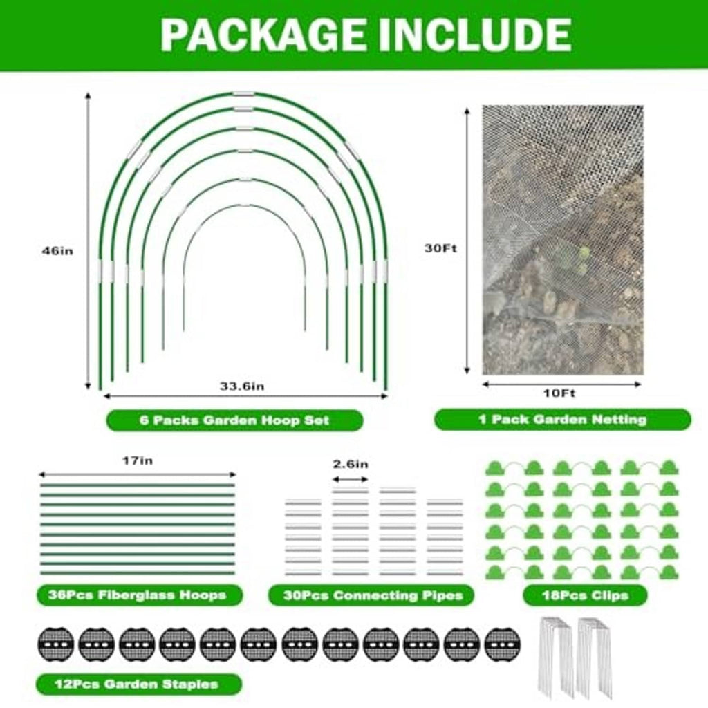 Green garden hoop and mesh netting kit with staples, connecting pipes, and clips