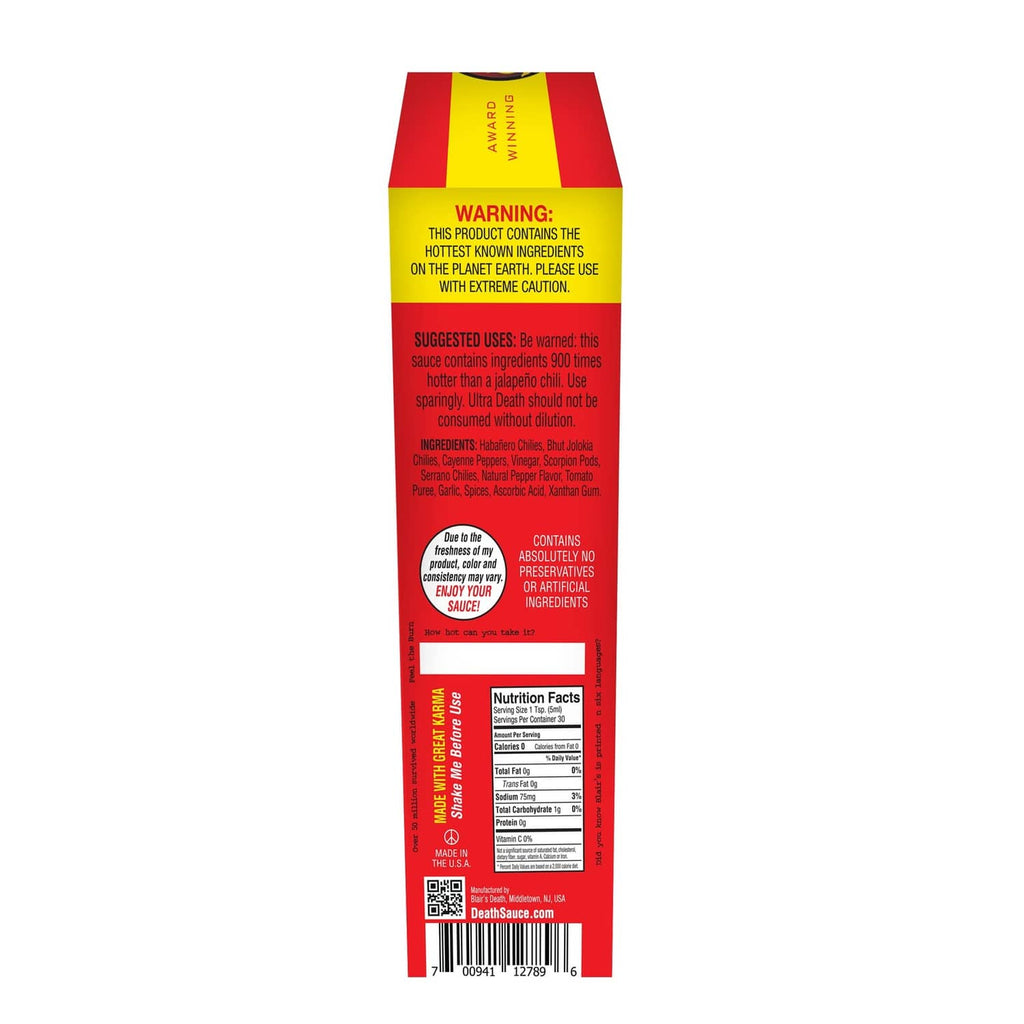 Hot sauce box back panel with warning text and nutrition facts