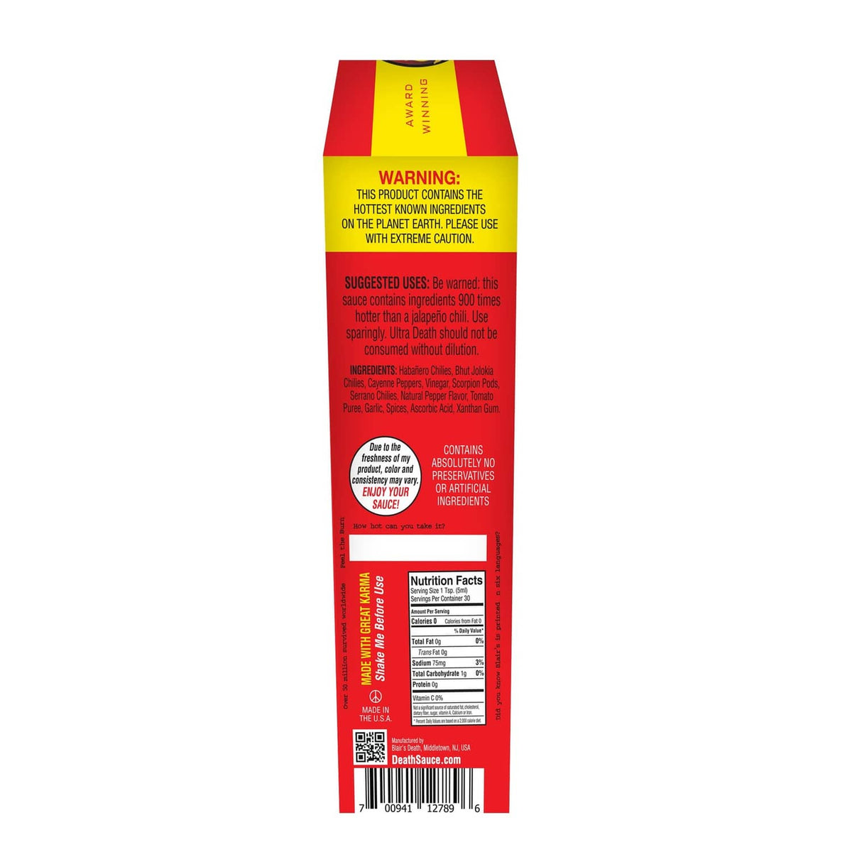 Hot sauce box back panel with warning text and nutrition facts