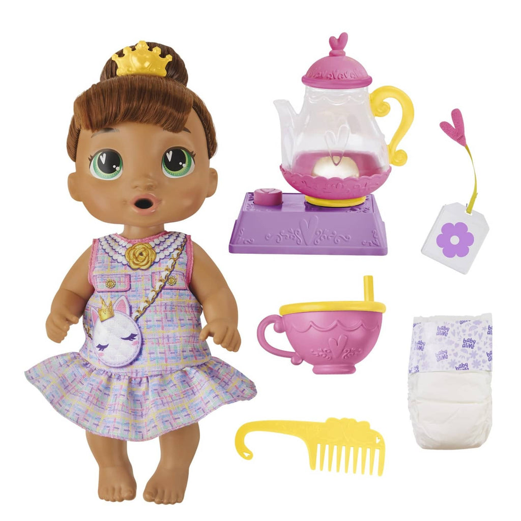Purple themed Baby Alive Sophia Sparkle doll in unicorn dress with tea set accessories