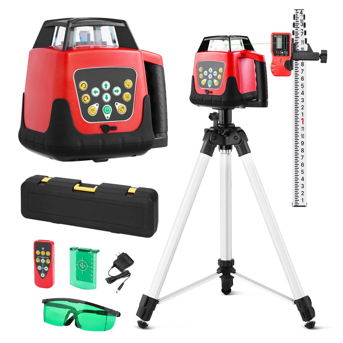 Red and black 360° laser level kit with tripod, remote, case, and laser glasses