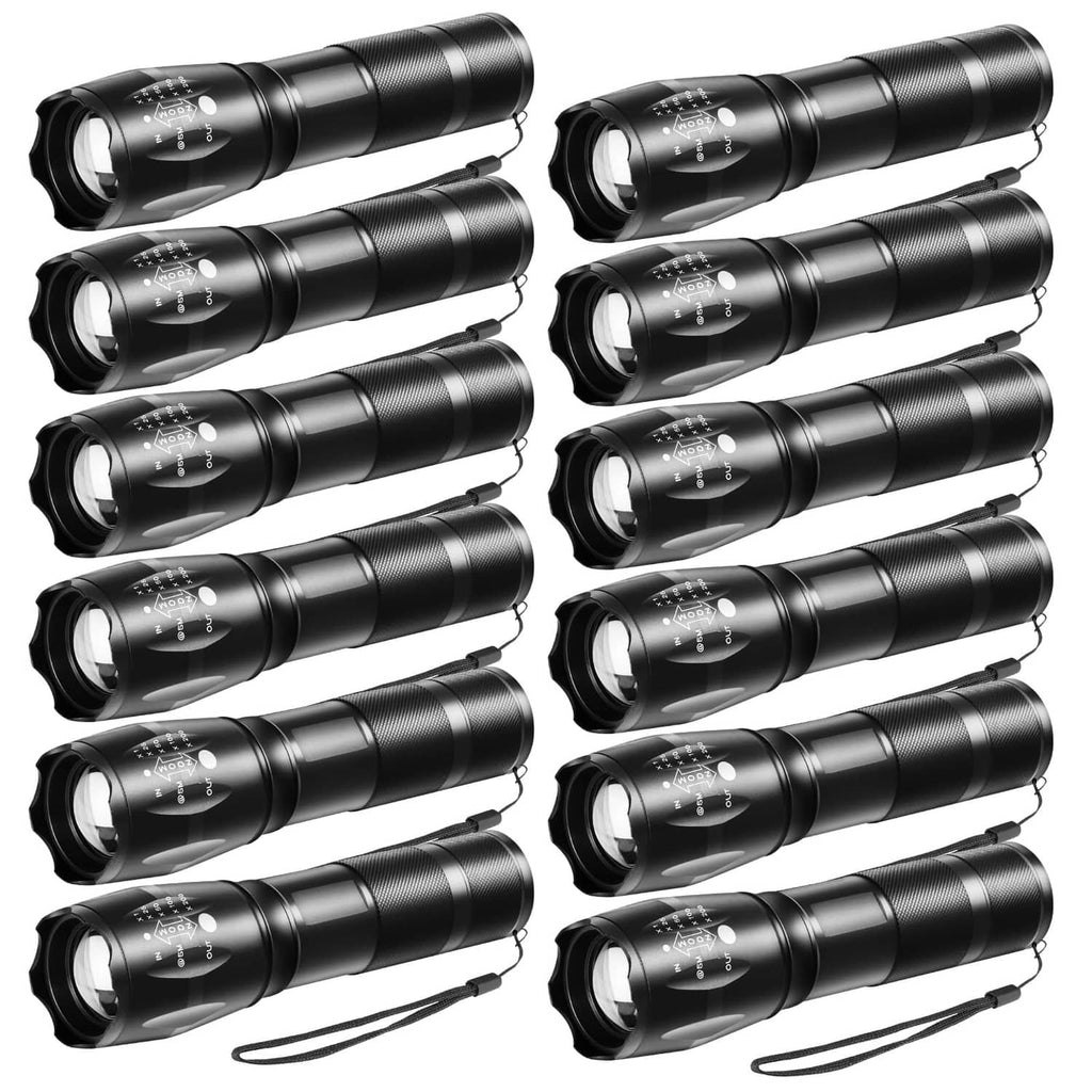 Black LED tactical flashlights, 12-pack set with textured grip and lanyards
