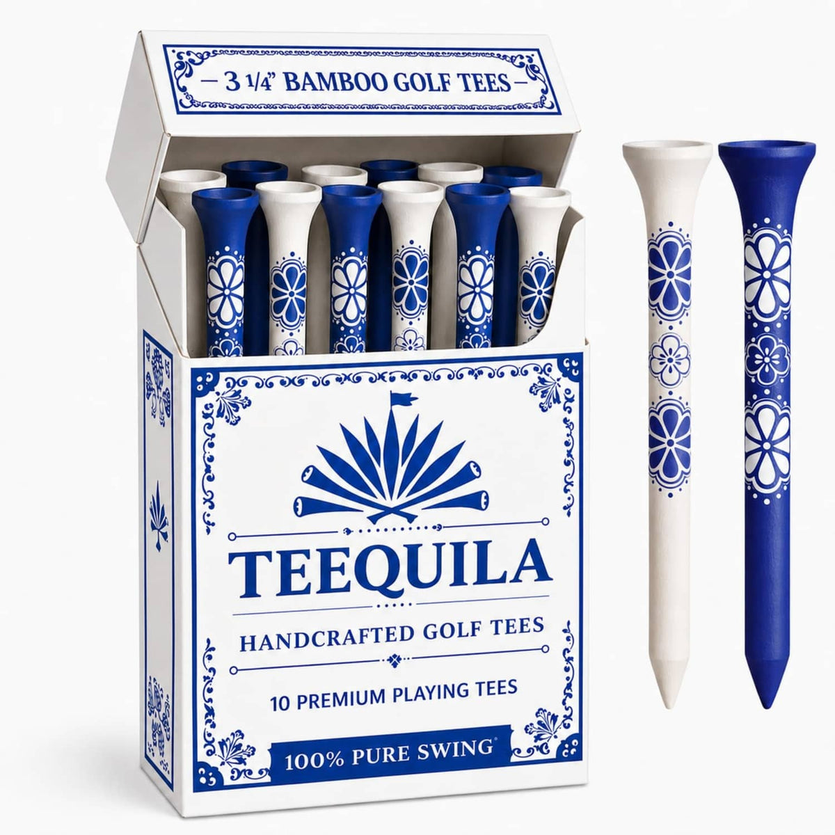 Bamboo golf tee box with 10 tees; blue and white floral design, shown with singles