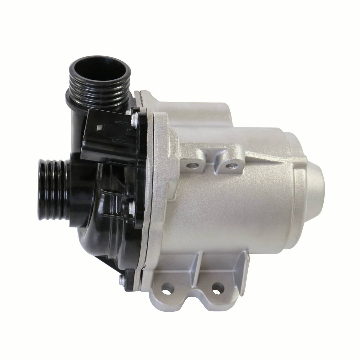 Electric water pump, side view, silver metal housing with black threaded fittings