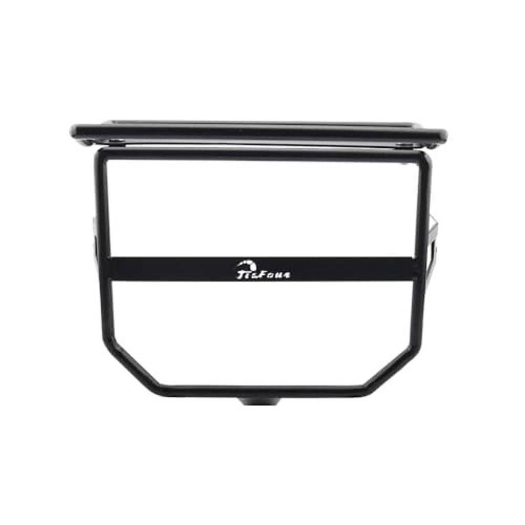 Front motorcycle headlight guard bracket with luggage rack, black frame with metal top bar