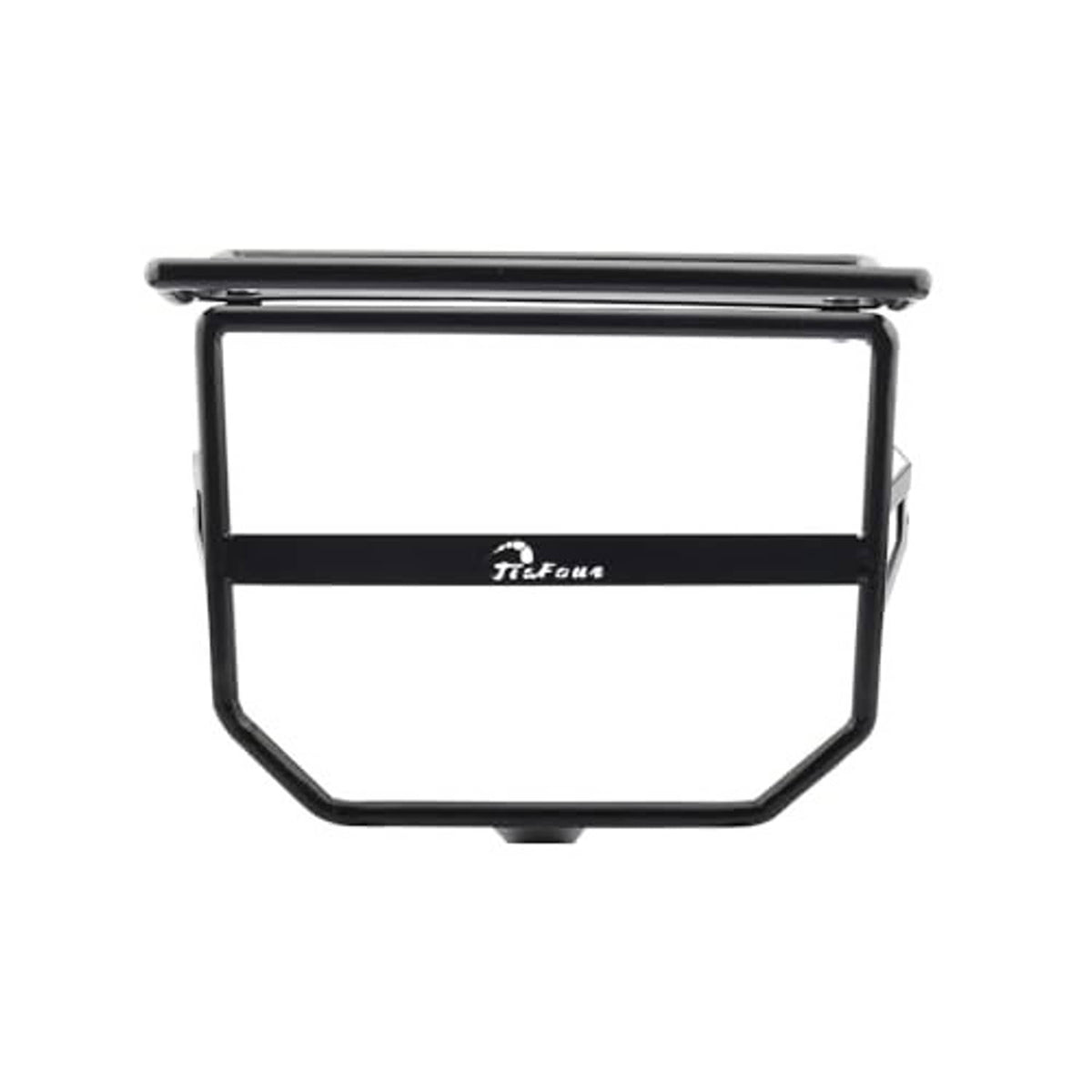 Front motorcycle headlight guard bracket with luggage rack, black frame with metal top bar