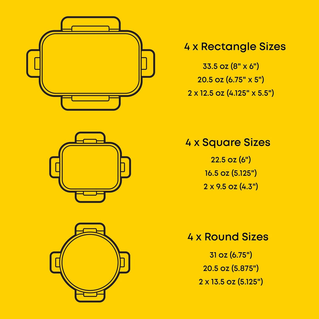 Container size chart: rectangle, square, and round storage dimensions
