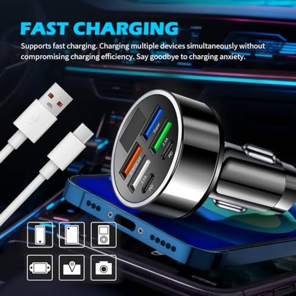 Car charger adapter with multiple USB ports and fast-charging indicators