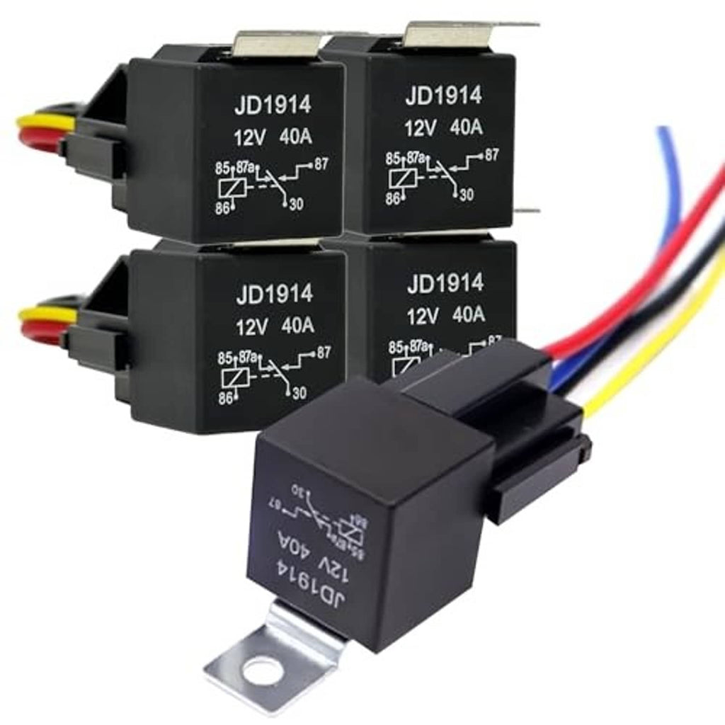 Five black 12V automotive relays with color-coded wire leads and metal mounting tab
