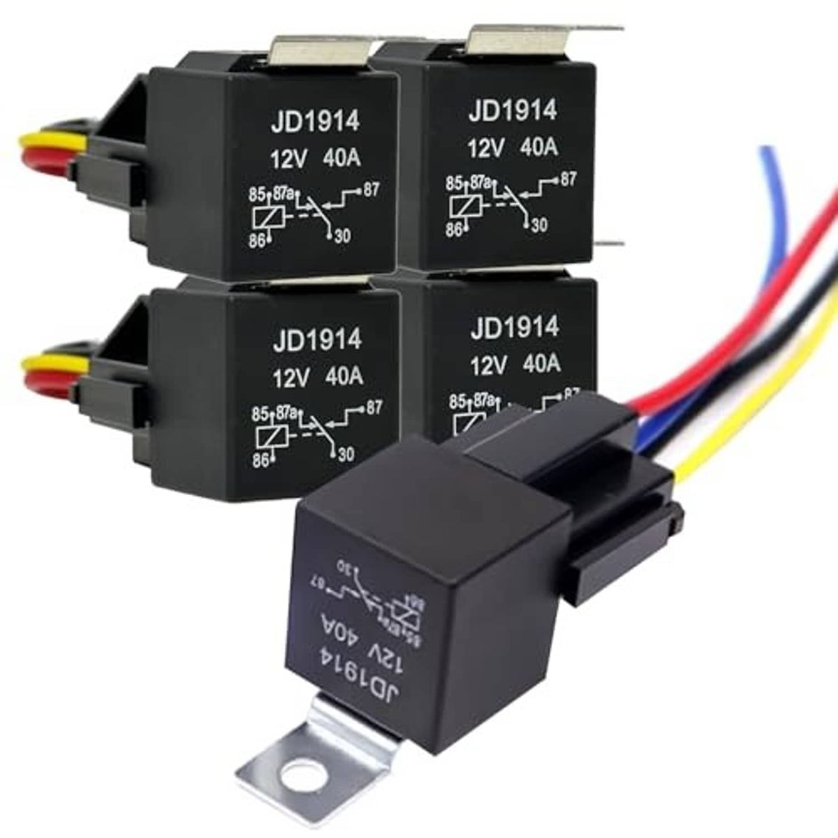 Five black 12V automotive relays with color-coded wire leads and metal mounting tab