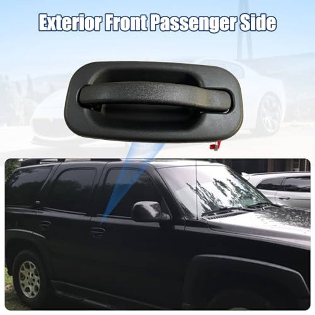 Exterior front passenger side door handle assembly, black handle with red connector