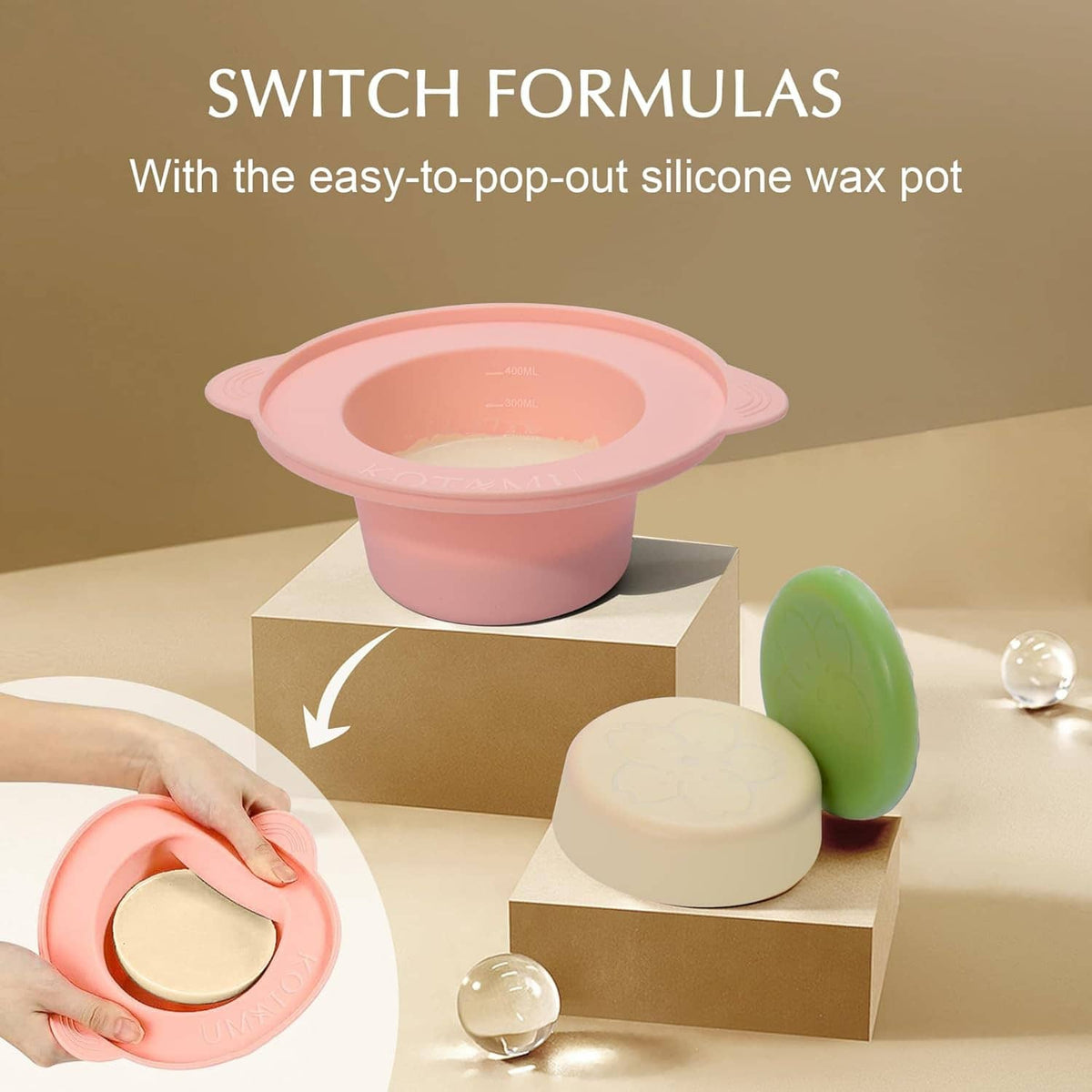 Pink silicone wax pot on box with wider flaps for easy wax dispensing