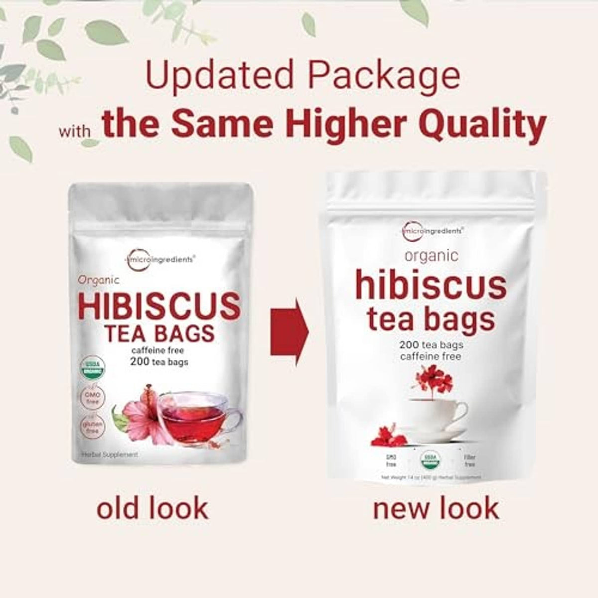 Organic hibiscus tea bags pouches shown side-by-side: old look vs new look