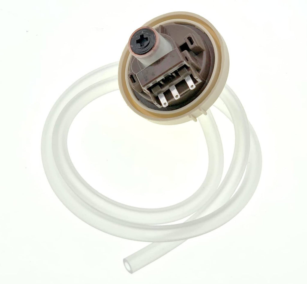 Washer pressure sensor assembly with beige cap and white tubing, side view