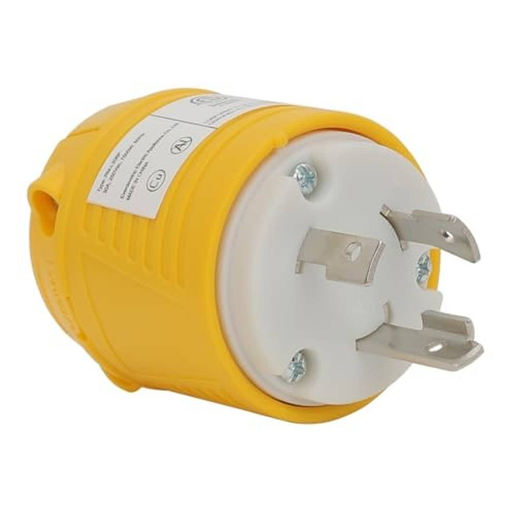 L6-30P locking plug end view, yellow body, white insert with three metal prongs