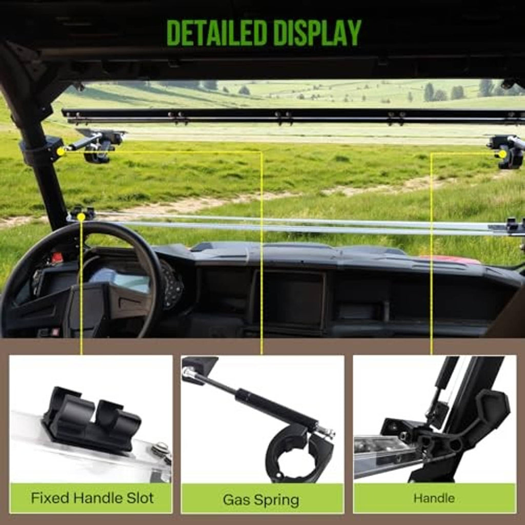UTV windshield frame with lift supports and handle-style mounting points