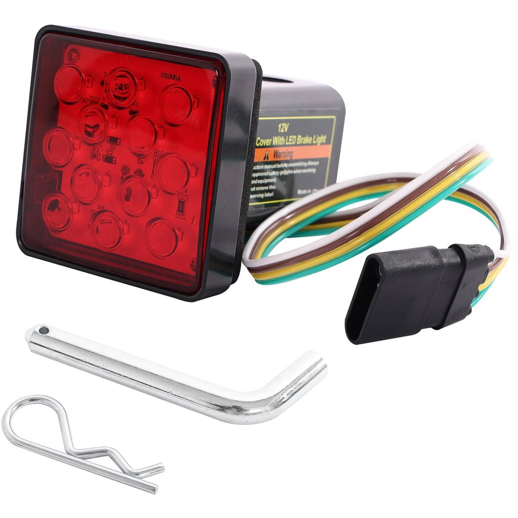 Black trailer hitch cover brake light with red lens and 12 LED array, wiring included