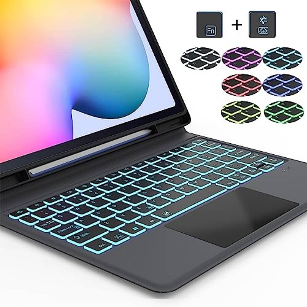 Black keyboard case for Galaxy Tab S6 Lite with blue backlit keys and trackpad