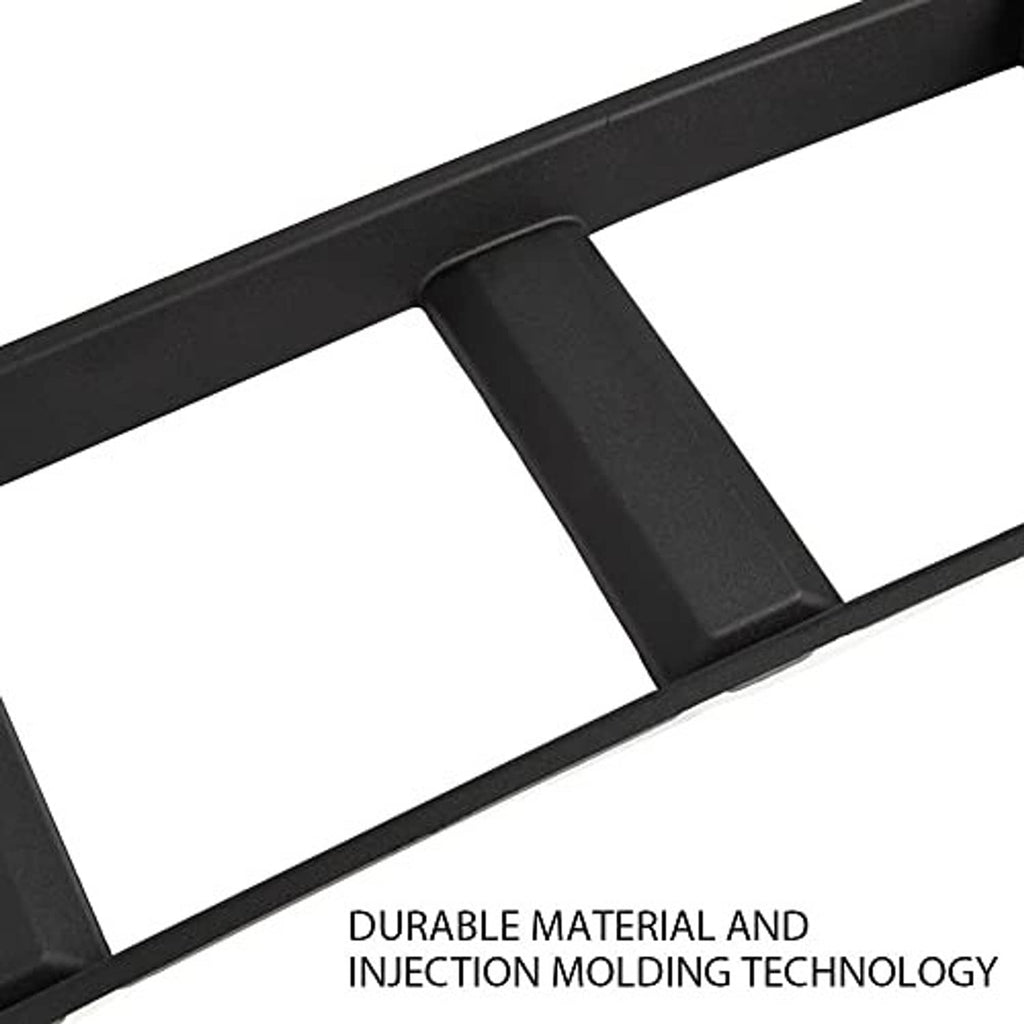 Front bumper lower grille trim panel detail, black textured edge and slat frame