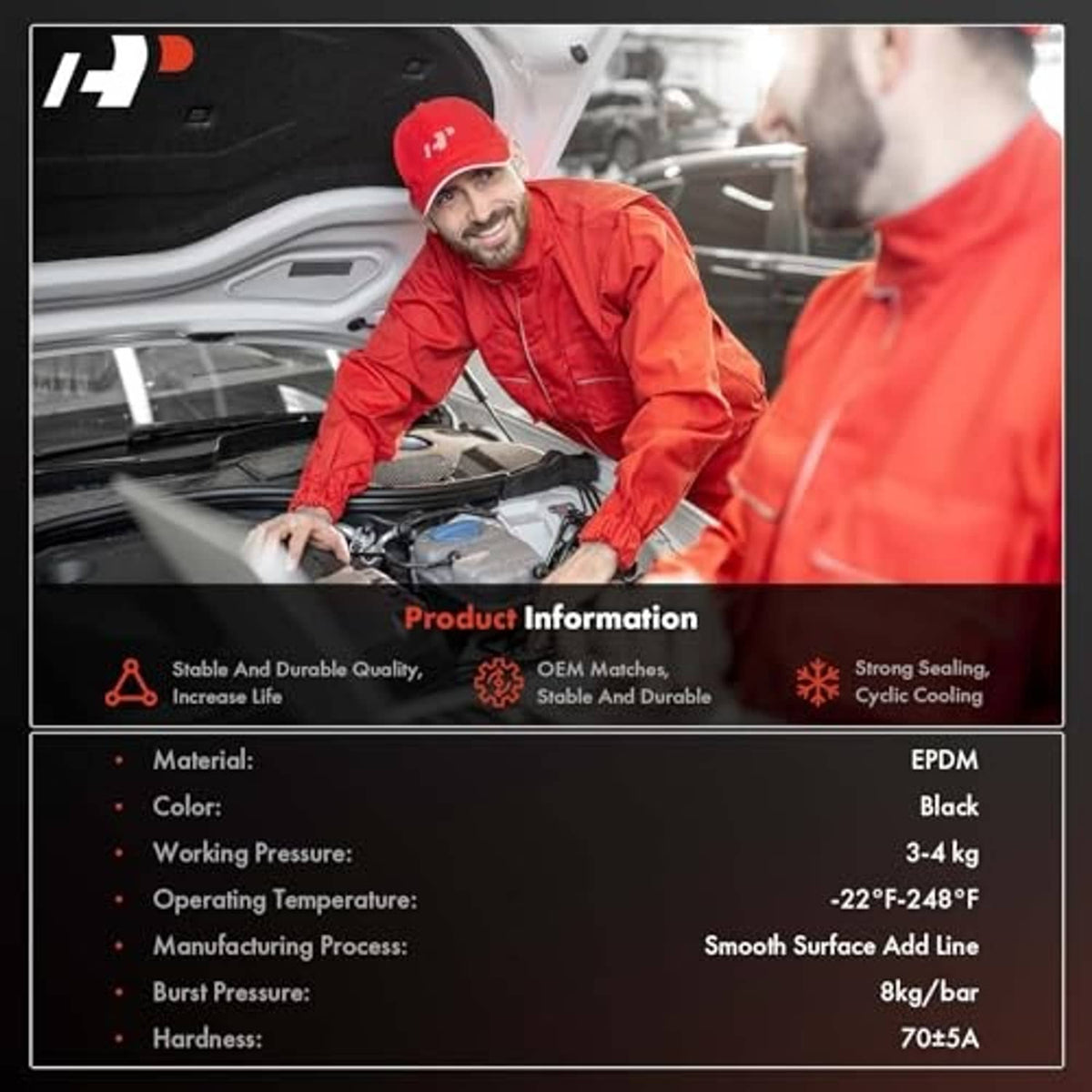 Radiator coolant hose product information graphic with material and sealing details
