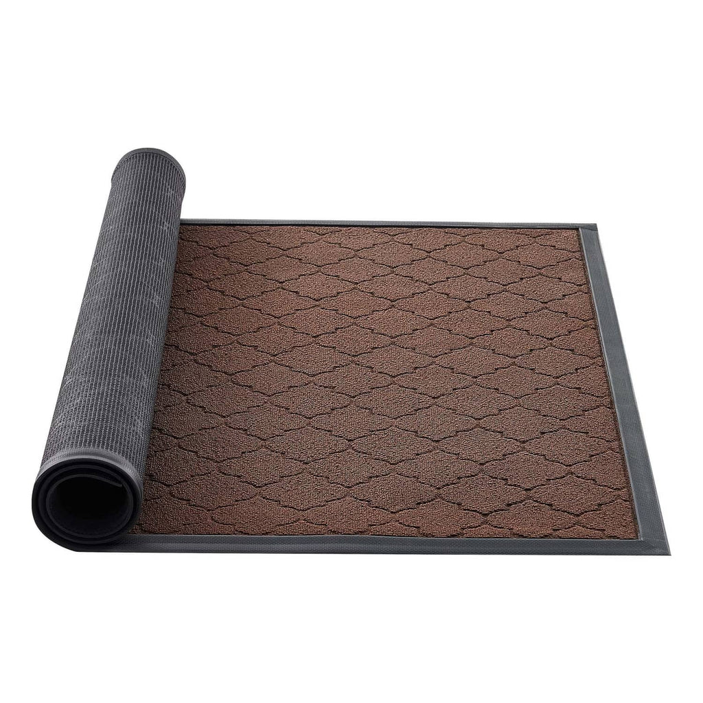 Durable brown front door mat with geometric pattern and rolled backing