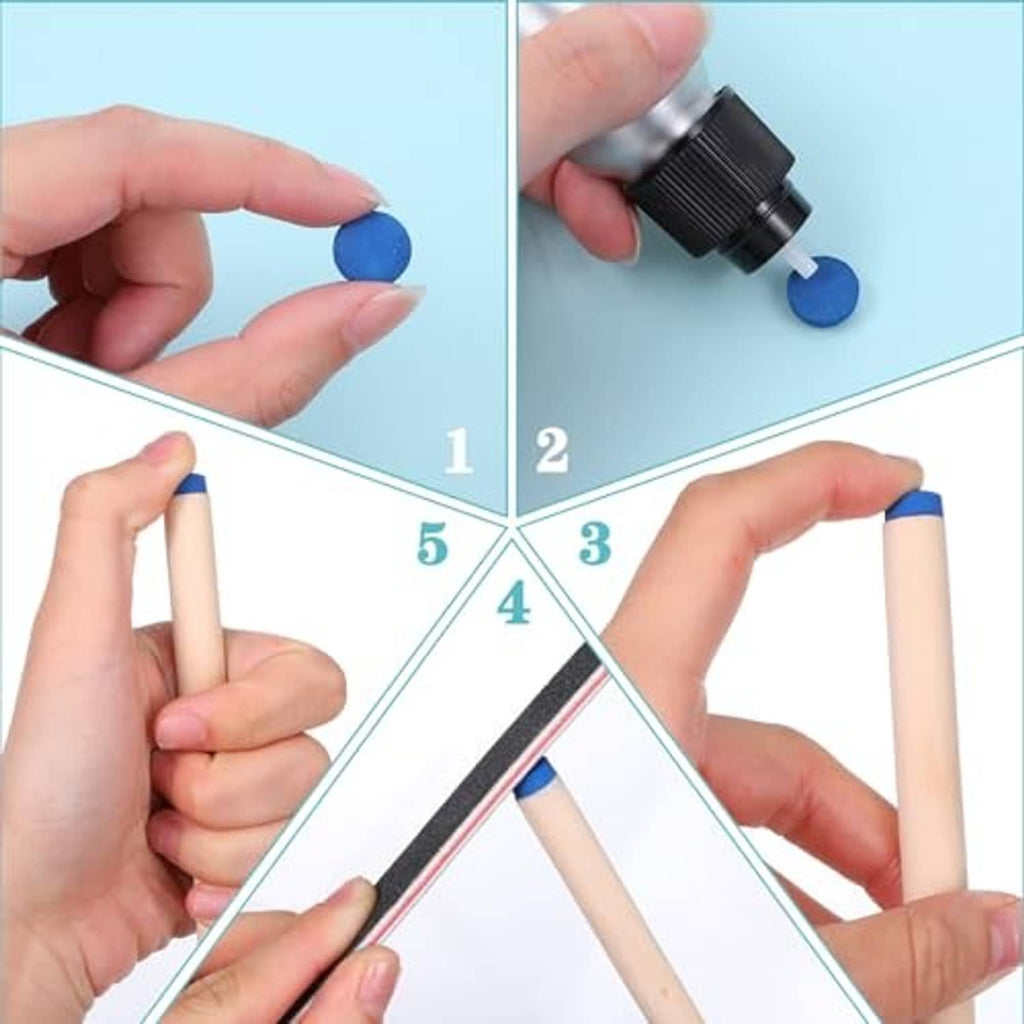 Hands installing a blue billiard cue tip with a grip and adhesive tool