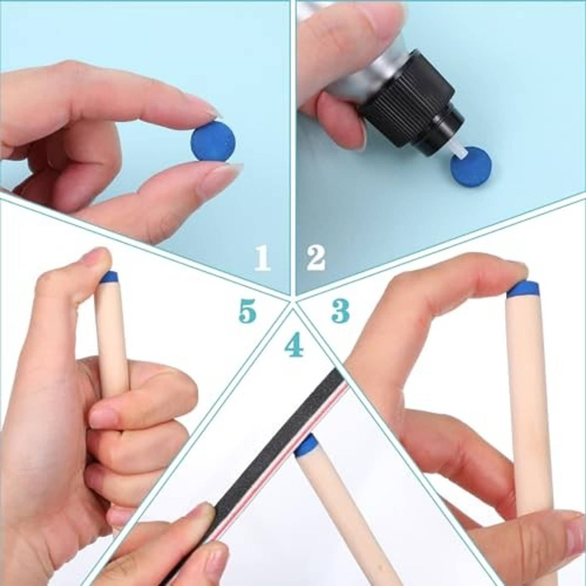 Hands installing a blue billiard cue tip with a grip and adhesive tool
