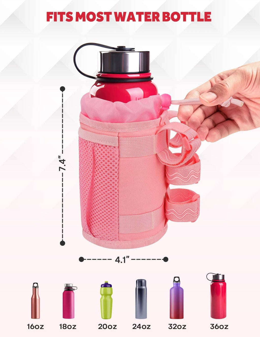 Pink bike bottle holder with handlebar loop strap and mesh side pockets