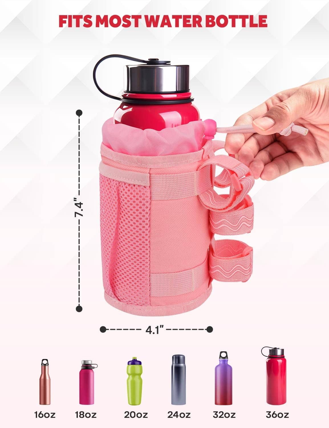 Pink bike bottle holder with handlebar loop strap and mesh side pockets