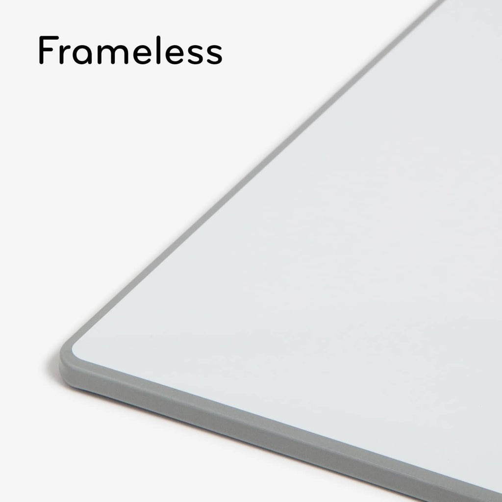 Frameless white dry erase board corner edge with gray backing