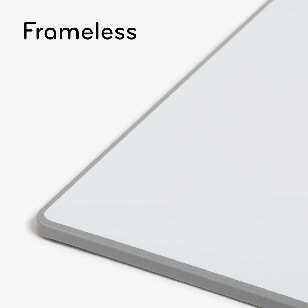 Frameless white dry erase board corner edge with gray backing