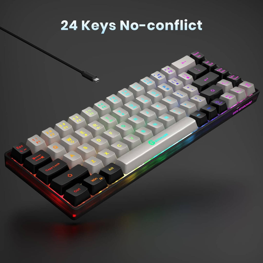 Mini wired keyboard with mixed grey and black keys, colorful RGB backlighting