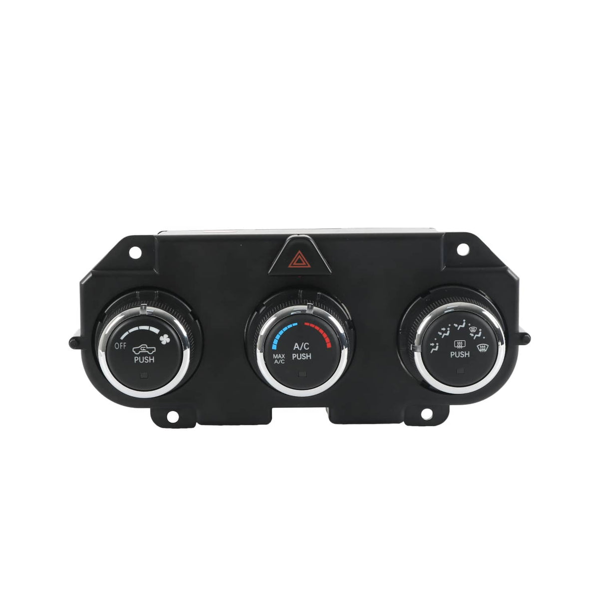 AC climate control panel with three round push-button dials and hazard indicator.
