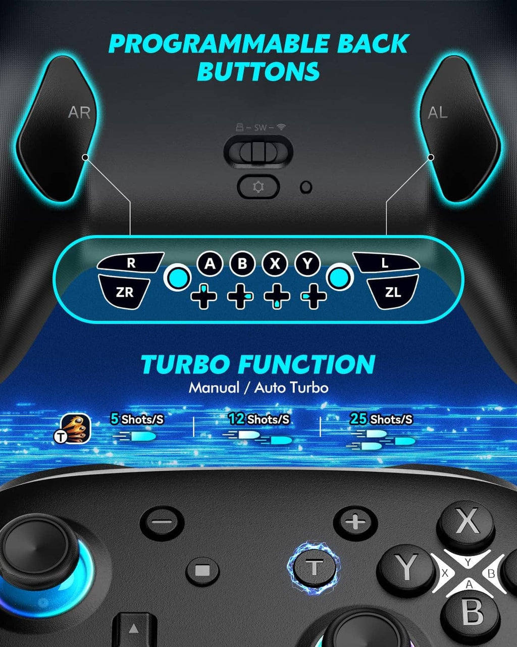 Black programmable game controller with ABXY button layout and glowing side triggers