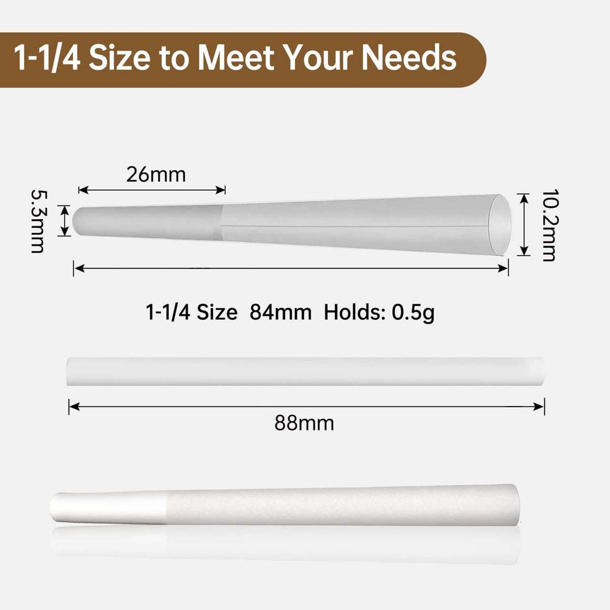 White pre-rolled cones with size measurements shown on single cone and lengths