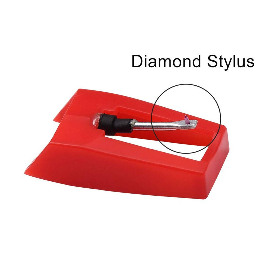 Red stylus cartridge with metal cantilever and pointed tip in plastic holder