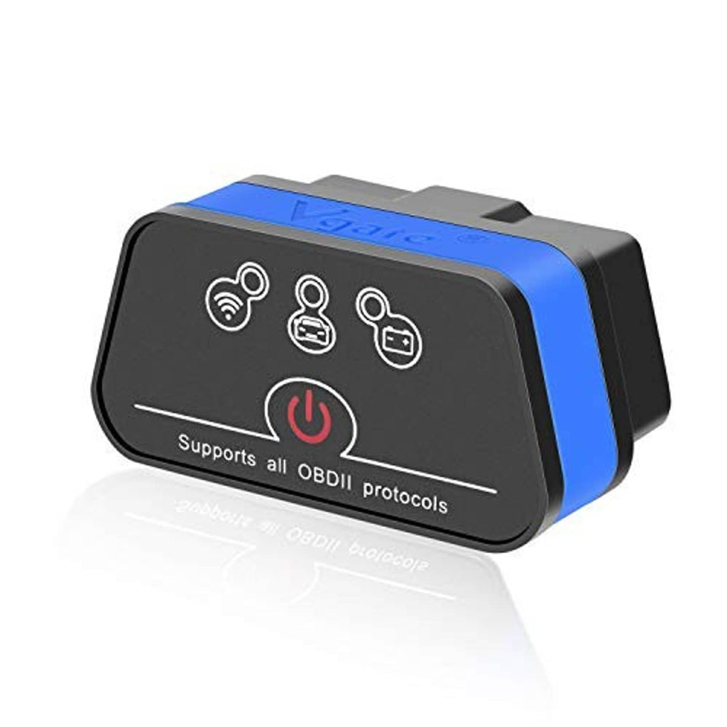 Blue and black OBD2 Wi‑Fi car diagnostic scanner with indicator icon panel
