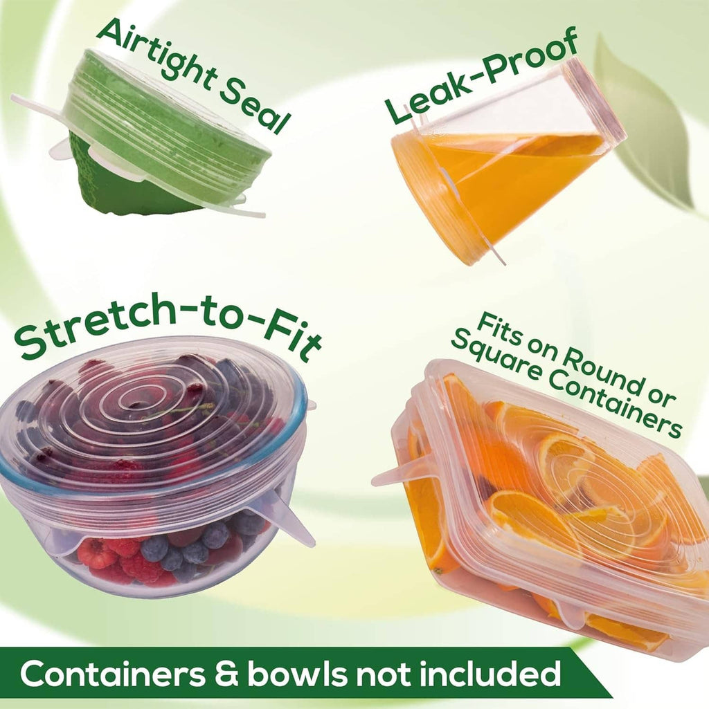 Clear silicone stretch lids for containers and bowls, shown in orange and purple