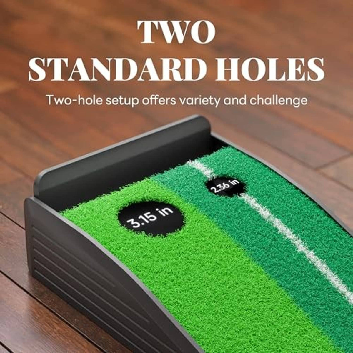 Golf putting mat with green turf, white alignment stripe, and two circular target holes