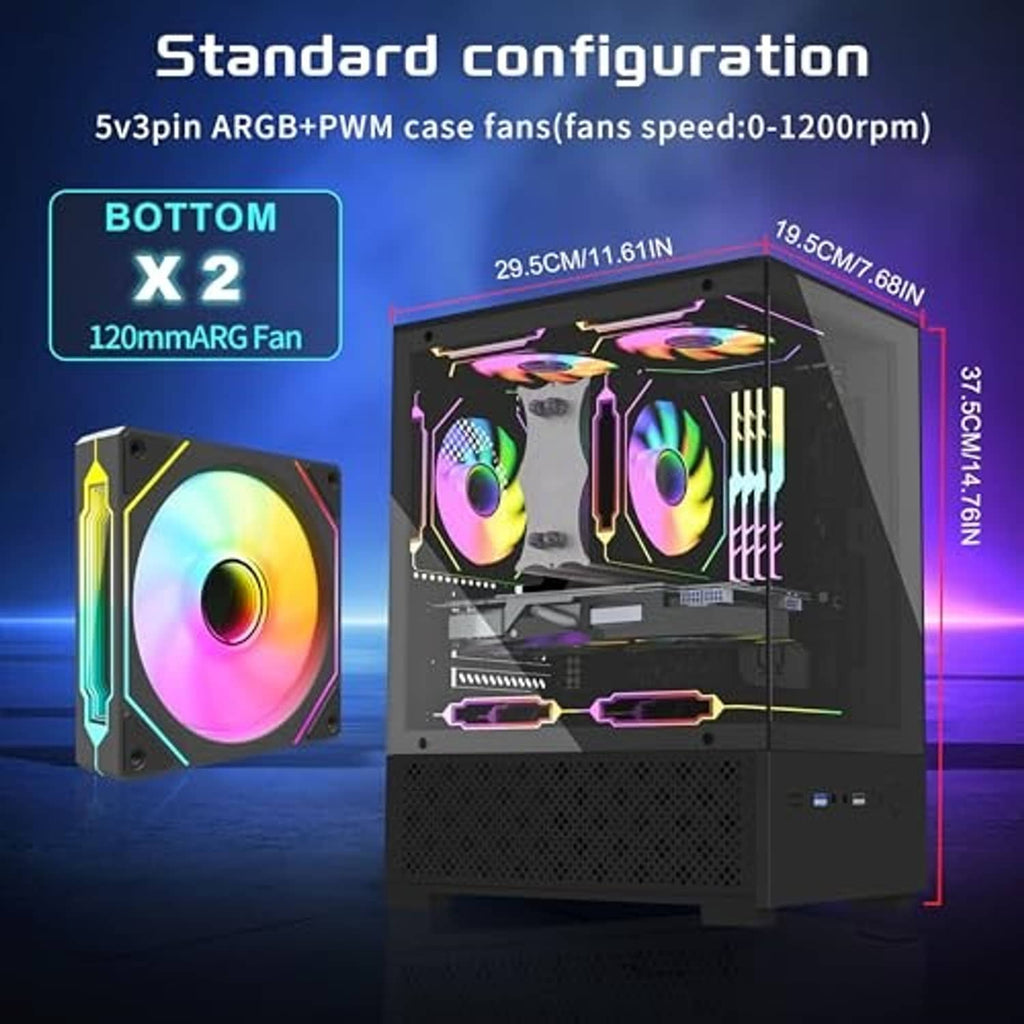 Black PC case with front mesh intake, two ARGB 120mm fans, and tempered-glass side