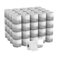White 2-ply embossed toilet paper rolls, stacked with a loose roll showing brown core