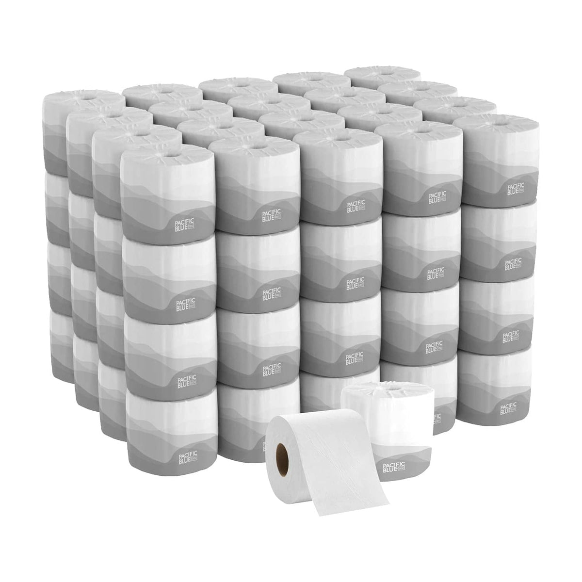 White 2-ply embossed toilet paper rolls, stacked with a loose roll showing brown core