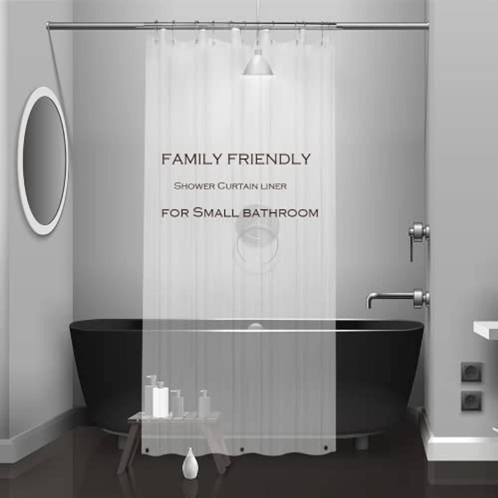 Clear plastic shower curtain liner with metal grommets, made for small baths