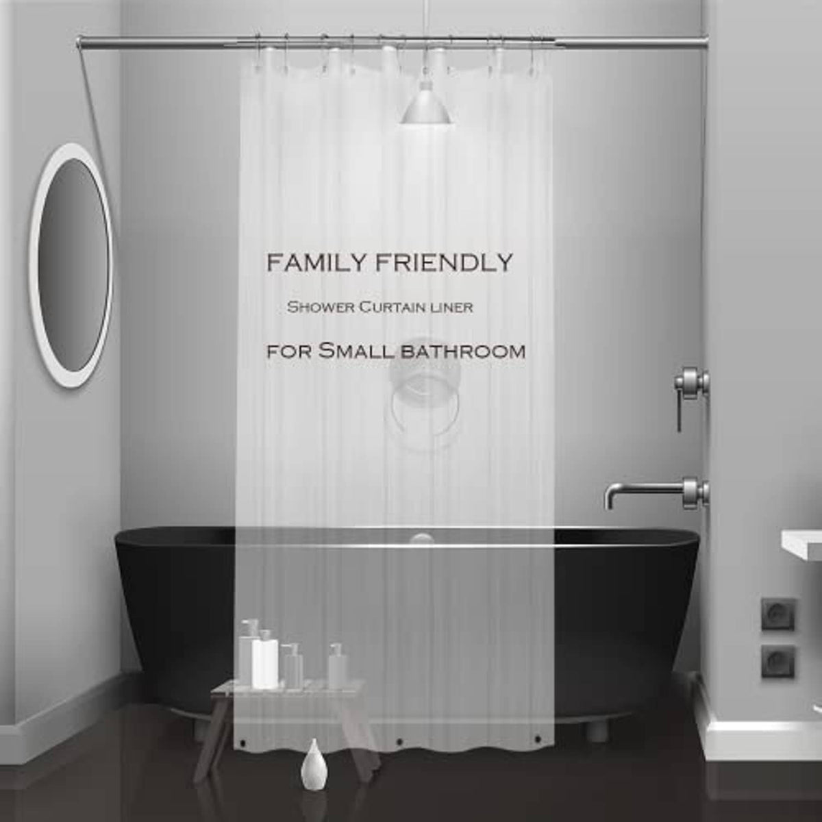 Clear plastic shower curtain liner with metal grommets, made for small baths
