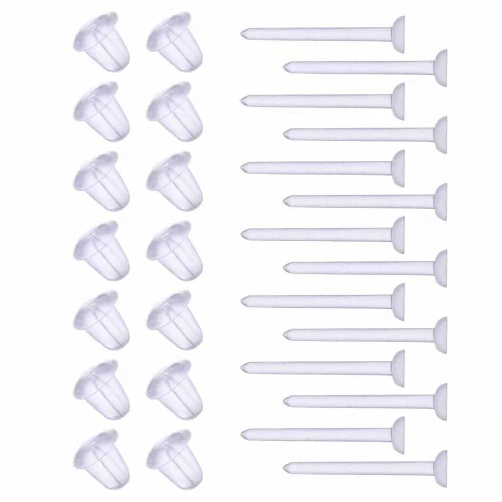 Clear plastic earring posts with round backing cups, assorted set