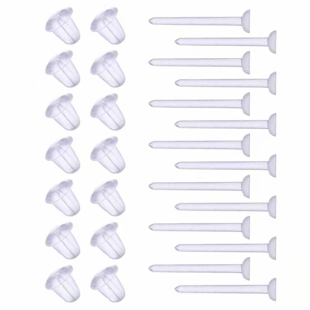 Clear plastic earring posts with round backing cups, assorted set