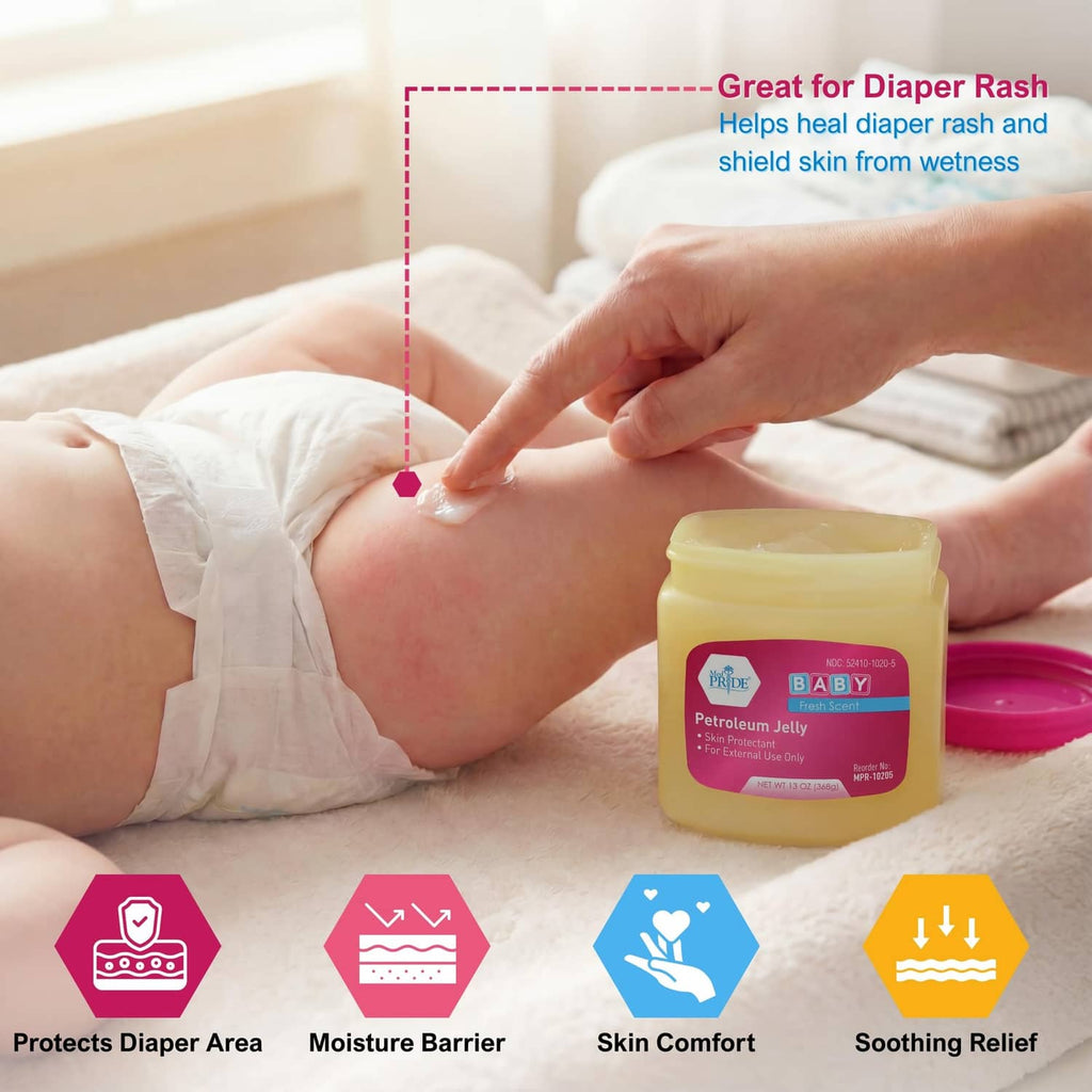 Petroleum jelly jar with pink lid as a hand applies clear jelly to a diapered area