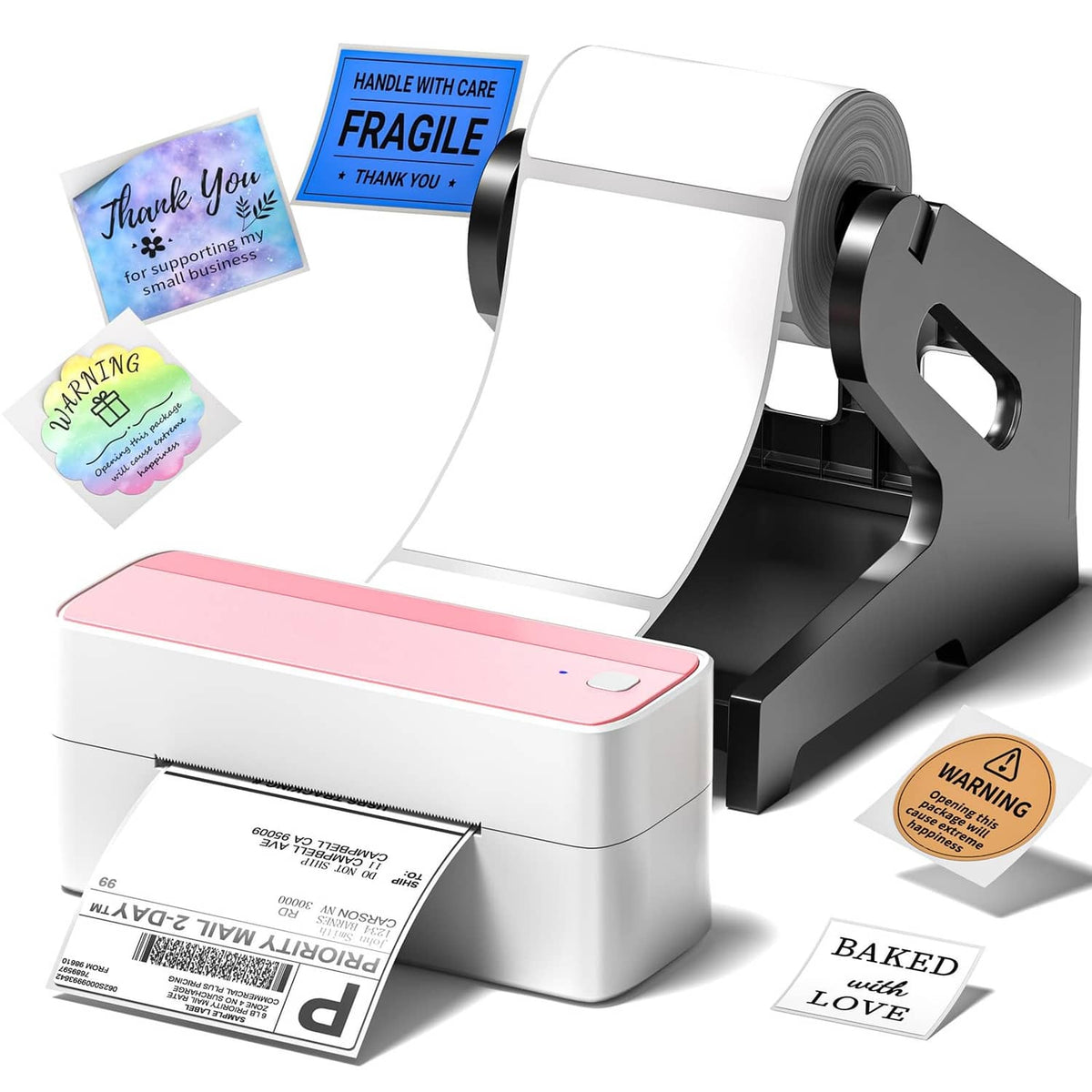 Compact thermal label printer with pink top, front paper feed for 4x6 labels