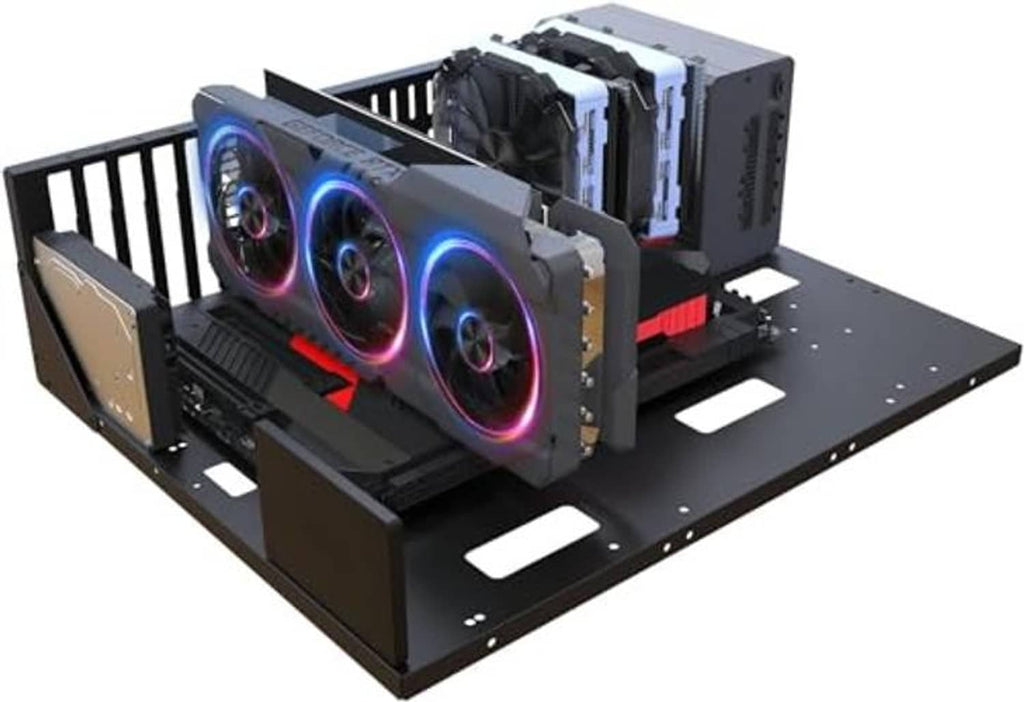 Open-frame gaming computer case with black base and multiple RGB cooling fans